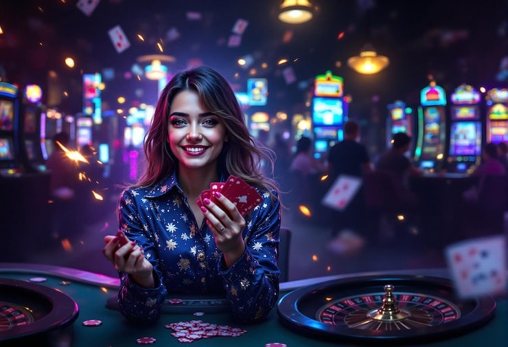 Dealer wanita profesional ggjudi di meja roulette dengan latar belakang studio modern dan multi-camera setup